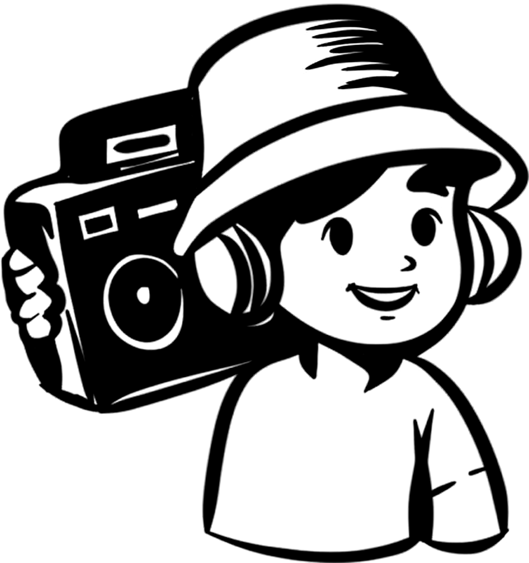 Black and white emblem of a person wearing headphones and holding a radio